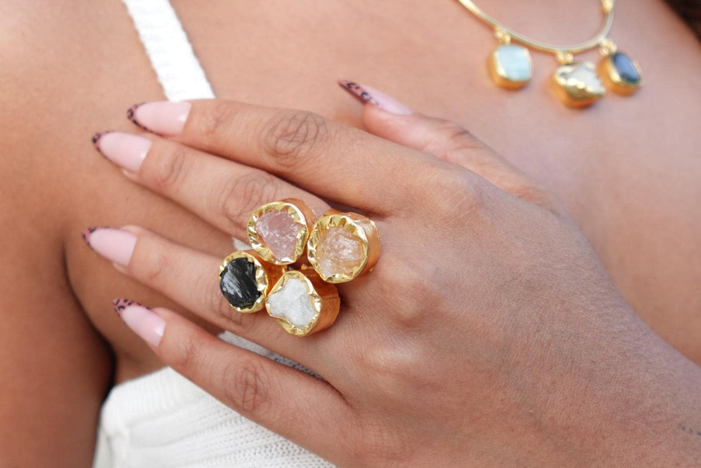 Bold Harmony Natural Stone Cluster Rings – Handcrafted 18K Gold-Plated Brass Statement Jewelry.