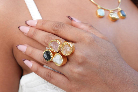 Bold Harmony Natural Stone Cluster Rings – Handcrafted 18K Gold-Plated Brass Statement Jewelry.
