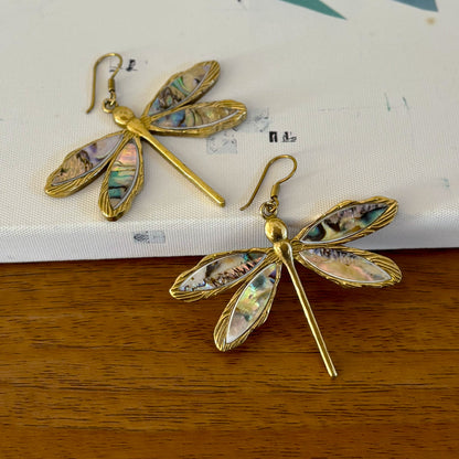 Abalone Shell Dragonfly Earrings — Rainbow Tide