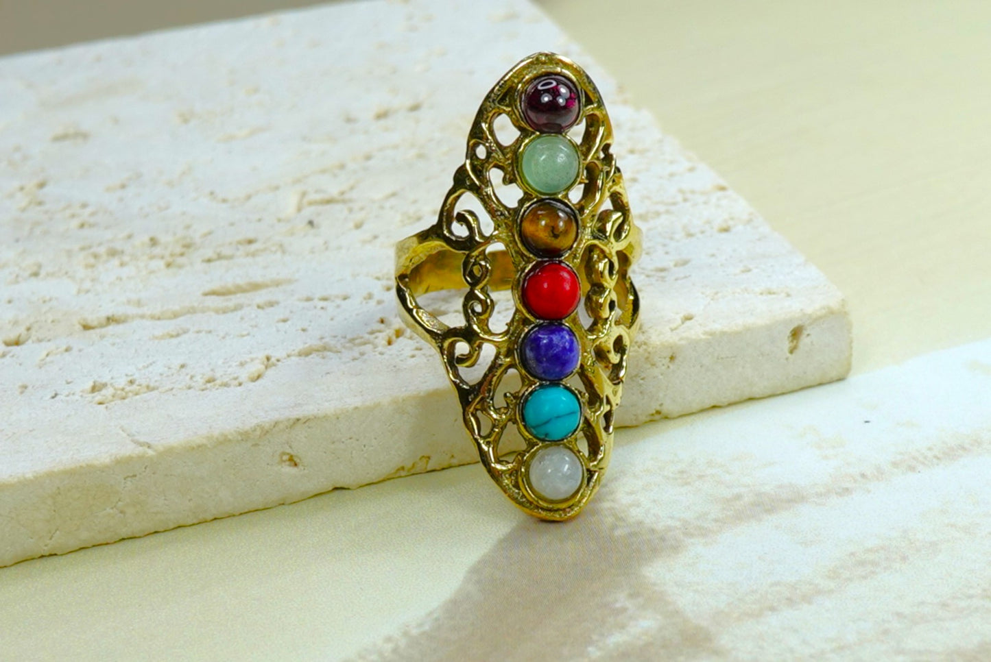 Bohemian Chakra Multi-Stone Adjustable Ring – Vintage Brass Statement Ring