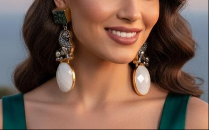 Lion Charm Statement Earrings with Natural Stone Drops