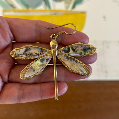 Abalone Shell Dragonfly Earrings — Rainbow Tide