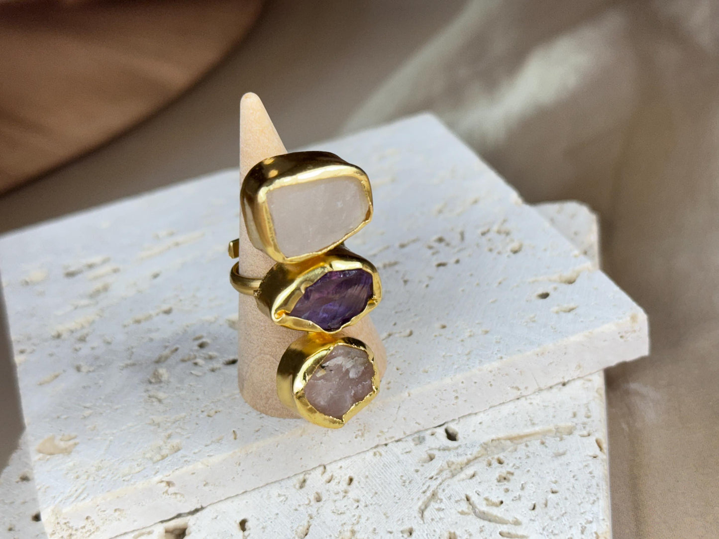 Earthbound Elegance Trio Stone Rings – Textured 18K Gold-Plated Brass Setting.
