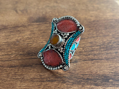 Tibetan Mosaic Heritage Rings – Boho Gemstone-Inspired Statement Rings.