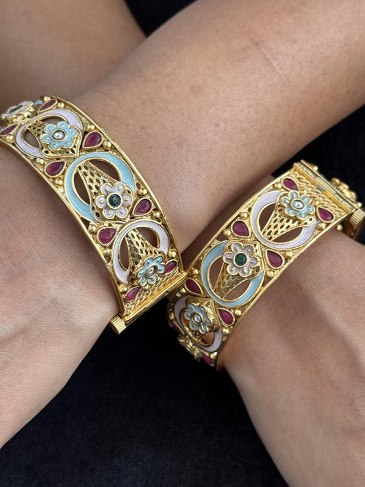 Pastel Floral Arch Kada - Unique pastel-toned openable kada with floral enamel work and teardrop rubies in oval layout.