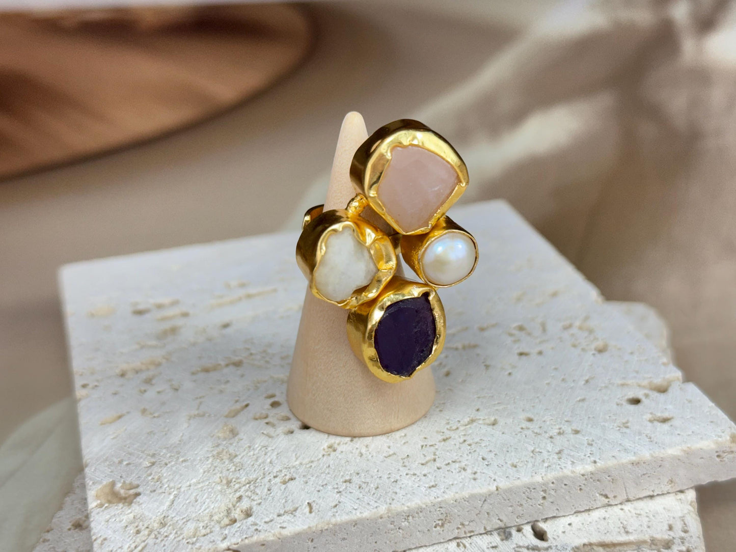Bold Harmony Natural Stone Cluster Rings – Handcrafted  18k Gold-Plated Brass Statement Jewelry.