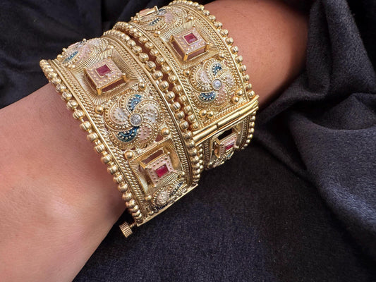 Square Ruby Bridal Kada - Heavily carved kada.