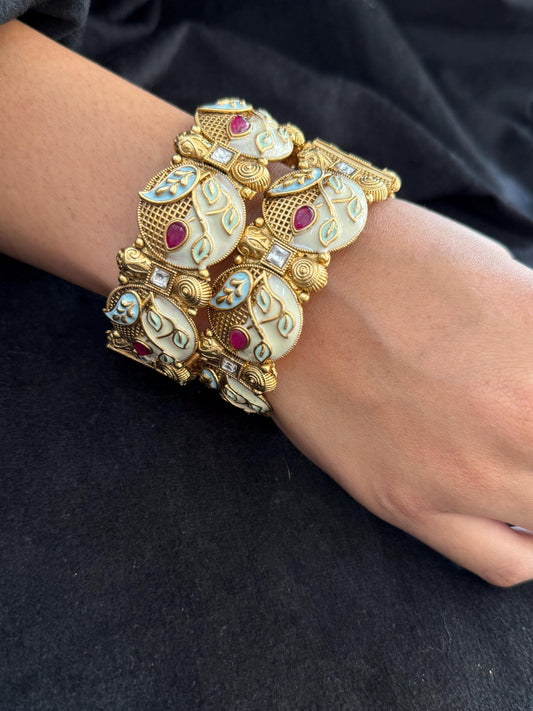 Ivory Enamel Leaf Kada - Hand-painted bridal kada.
