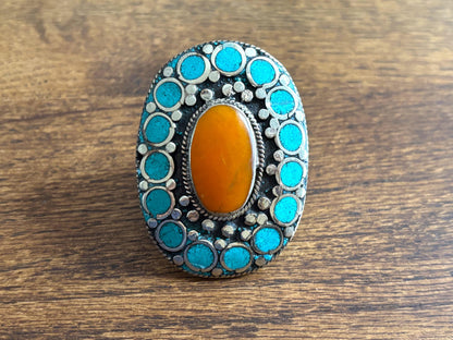 Large Ethnic Adjustable Tibetan Silver Rings, Turquoise, Coral Inlay Rings.