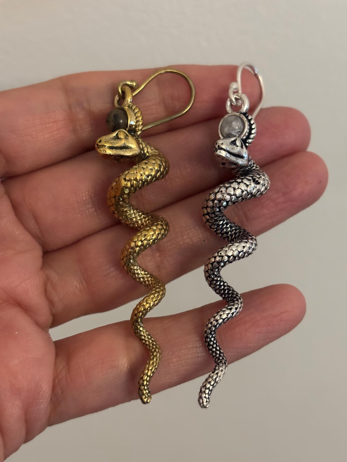 Serpentina Spiral Dangles - Twisted Brass Snake Earrings in Gold/Sliver Tone.