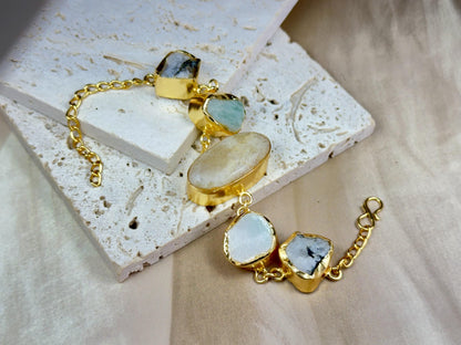 Elegant Raw Stone 18K Gold-Plated Brass Adjustable Bracelet.