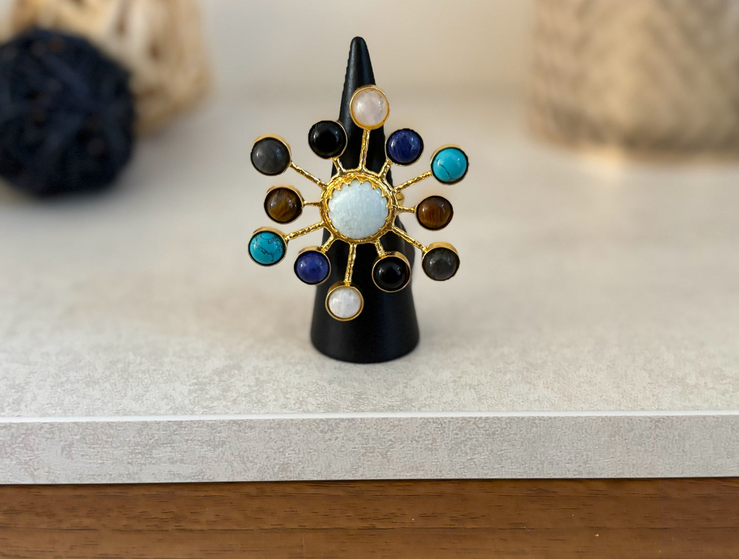 Multi-Stone Sunburst Adjustable Ring – Natural Gemstone Statement Ring