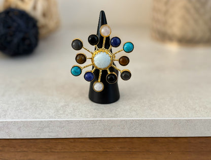 Multi-Stone Sunburst Adjustable Ring – Natural Gemstone Statement Ring