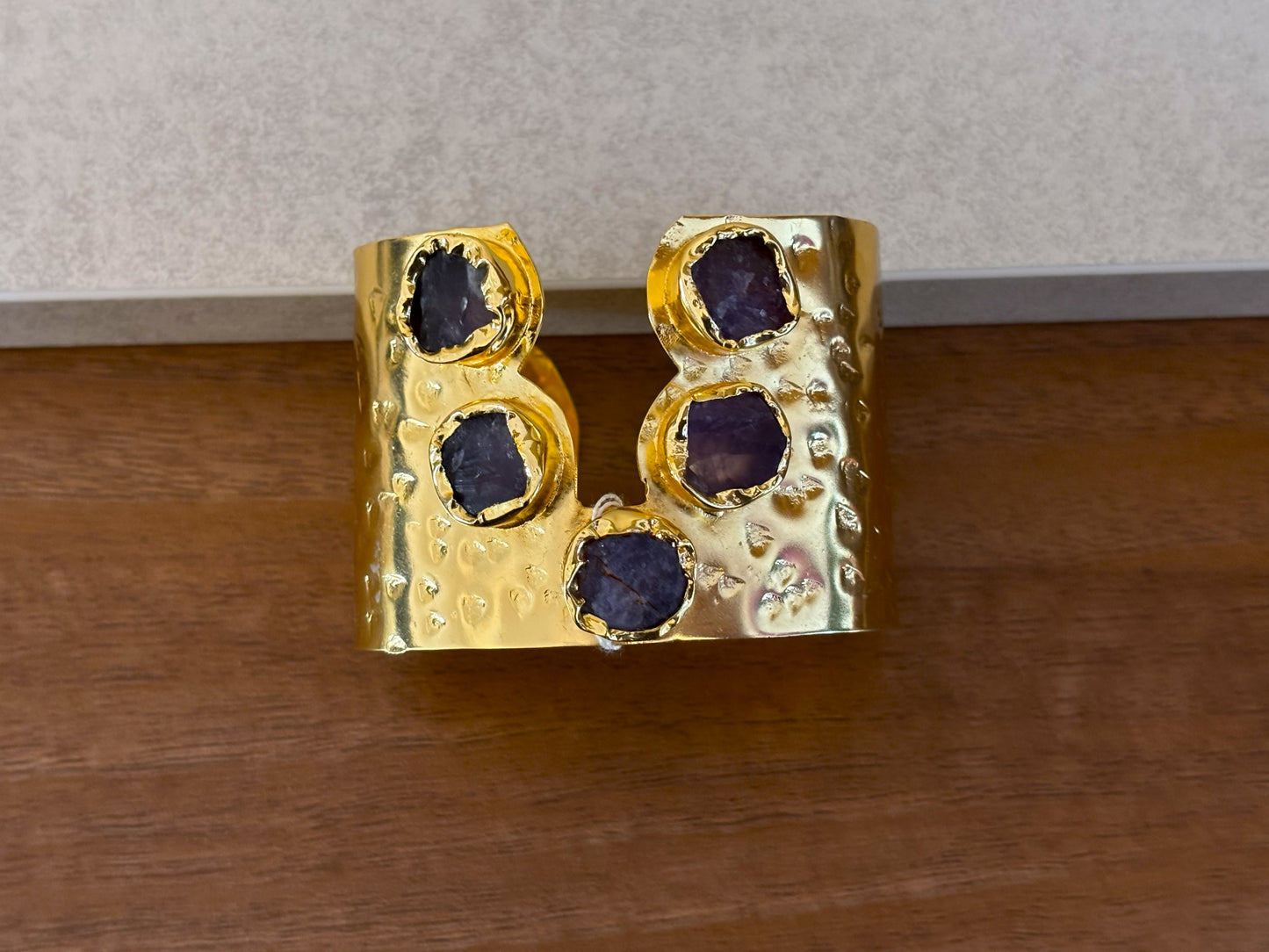 Handcrafted Gold-Plated Gemstone Adjustable Cuff Bracelet with Natural Stones.