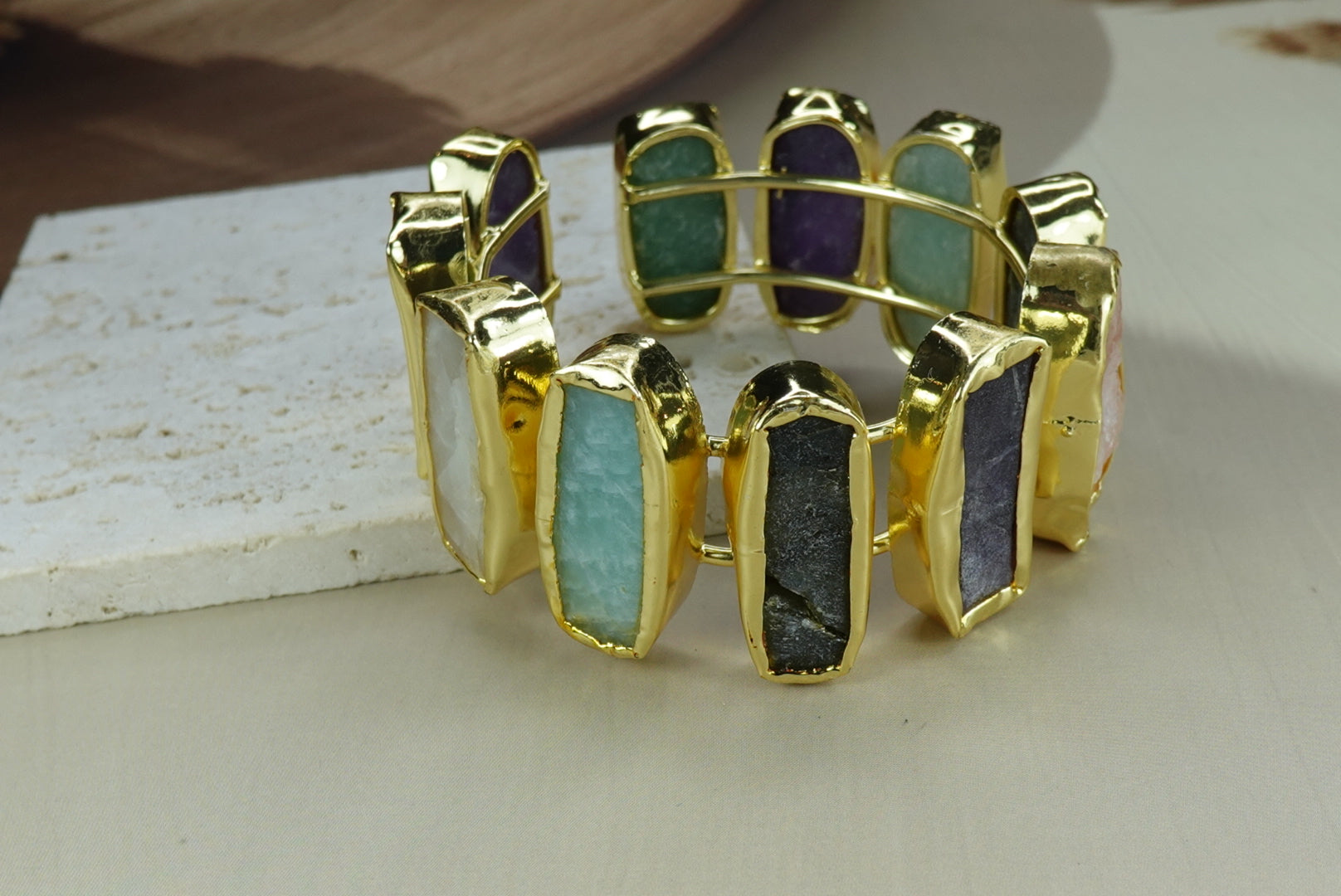 18K Gold Plated Open Cuff Bracelet with Natural Stone Segments.
