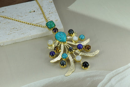 Celestial Branch Necklace with Mixed Gemstones – 18K Gold Plated Statement Pendant
