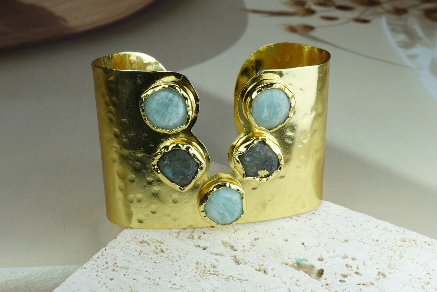 Handcrafted Gold-Plated Gemstone Adjustable Cuff Bracelet with Natural Stones.