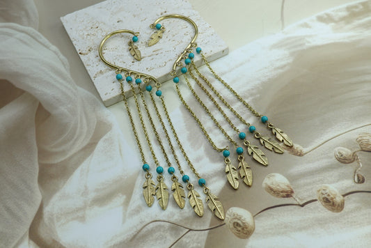 Boho Feather Chain Ear Cuff Earrings – Brass/Silver Statement Earrings