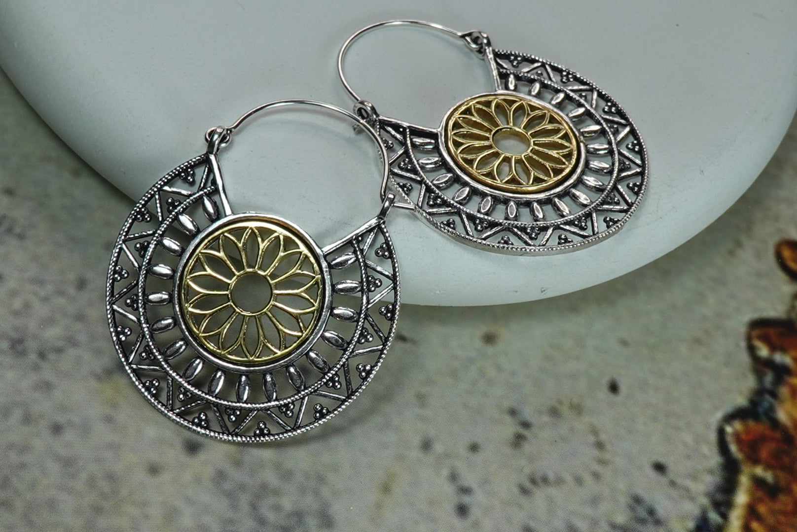 Dual Tone Mandala Brass Earrings – Boho Geometric Statement Earrings.