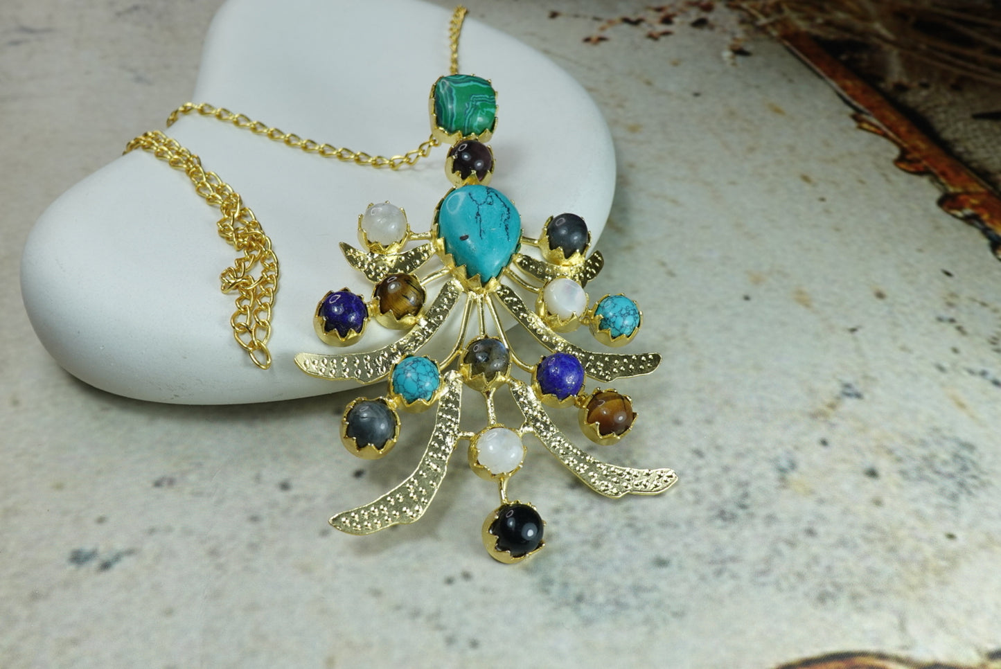 Celestial Branch Necklace with Mixed Gemstones – 18K Gold Plated Statement Pendant