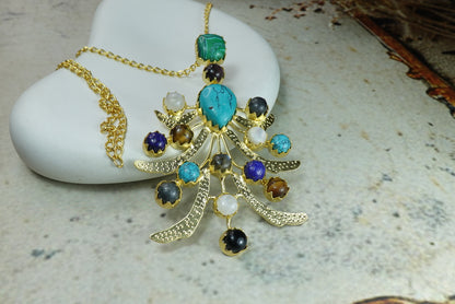 Celestial Branch Necklace with Mixed Gemstones – 18K Gold Plated Statement Pendant