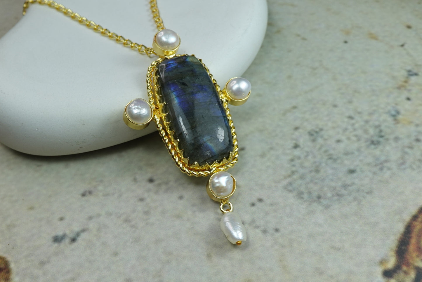 Handcrafted 18K Gold Plated Gemstone & Pearl Pendant.