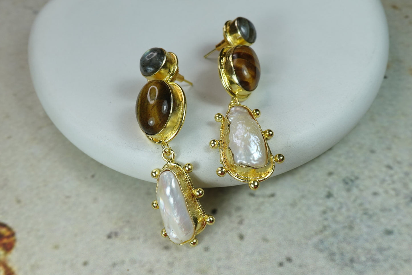 18K Gold-Plated Brass  Drop Earrings with Natural Gemstones.