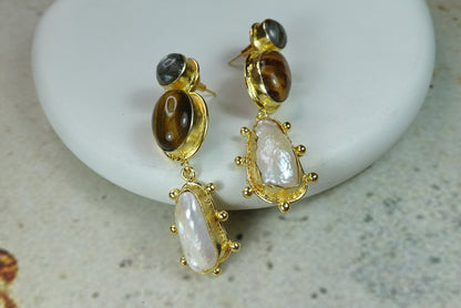 18K Gold-Plated Brass  Drop Earrings with Natural Gemstones.