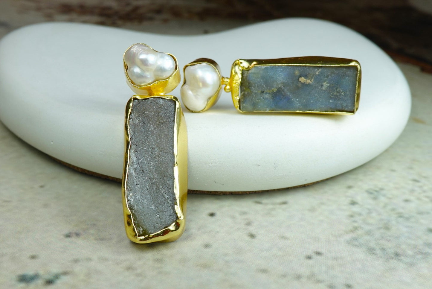 Gold-Plated Drop Earrings with Freshwater Pearl & Raw Stone Statement Earrings.