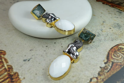 Lion Charm Statement Earrings with Natural Stone Drops