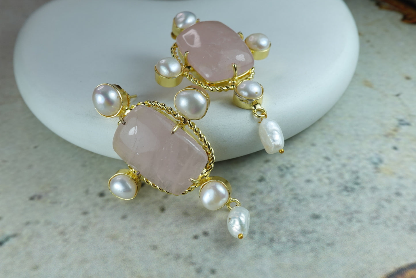 18K Gold Plated Earrings with Freshwater Pearl & Raw Stone Statement Earrings