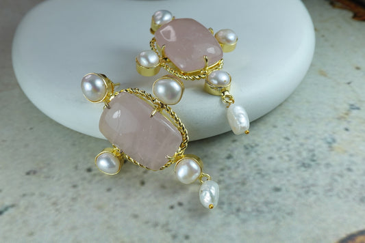 18K Gold Plated Earrings with Freshwater Pearl & Raw Stone Statement Earrings