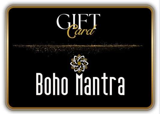 Boho Mantra gift card with black background and gold accents
