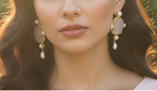 18K Gold Plated Earrings with Freshwater Pearl & Raw Stone Statement Earrings