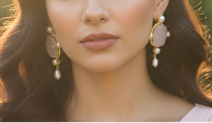 18K Gold Plated Earrings with Freshwater Pearl & Raw Stone Statement Earrings