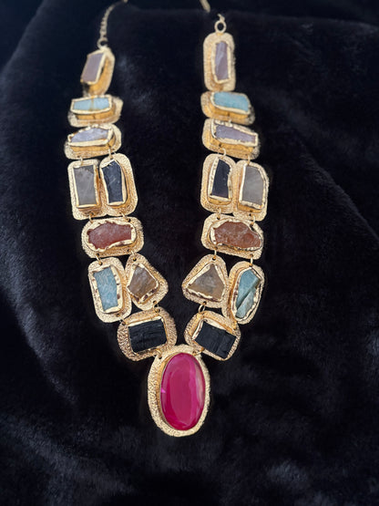 Boho Mantra Luxe Multi-Gemstone Statement Necklace – 18K Gold Plated
