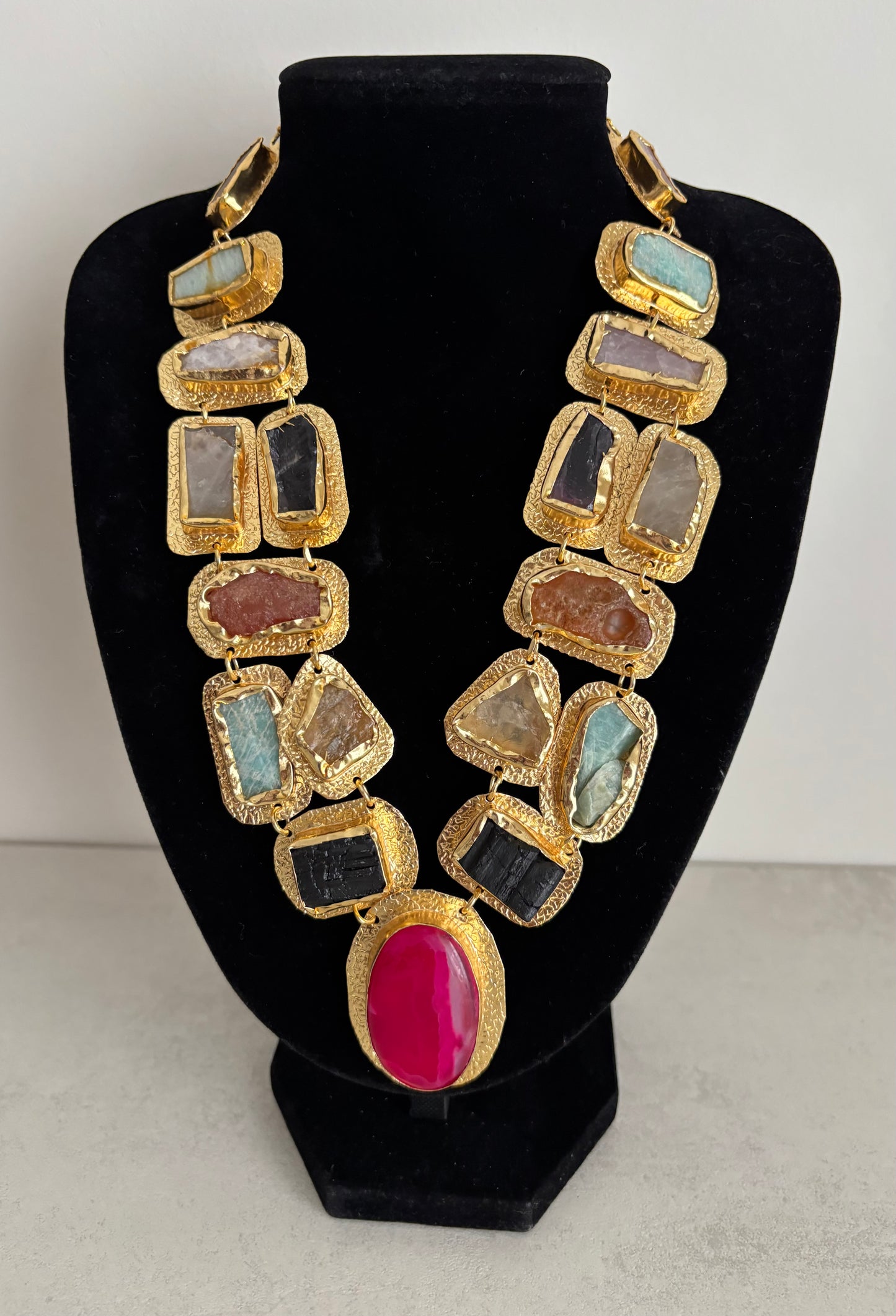 Boho Mantra Luxe Multi-Gemstone Statement Necklace – 18K Gold Plated