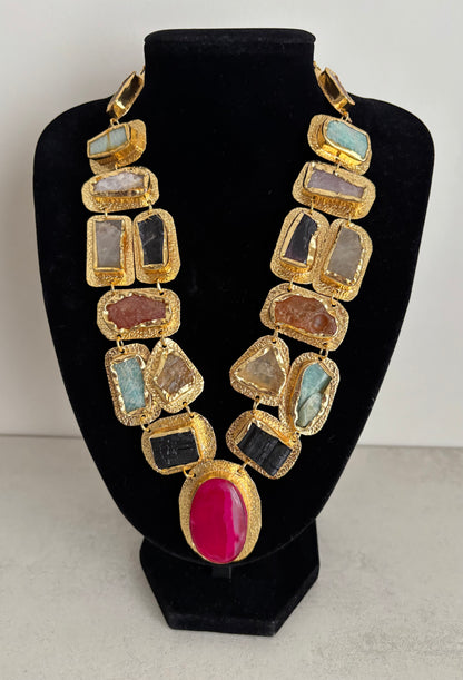 Boho Mantra Luxe Multi-Gemstone Statement Necklace – 18K Gold Plated