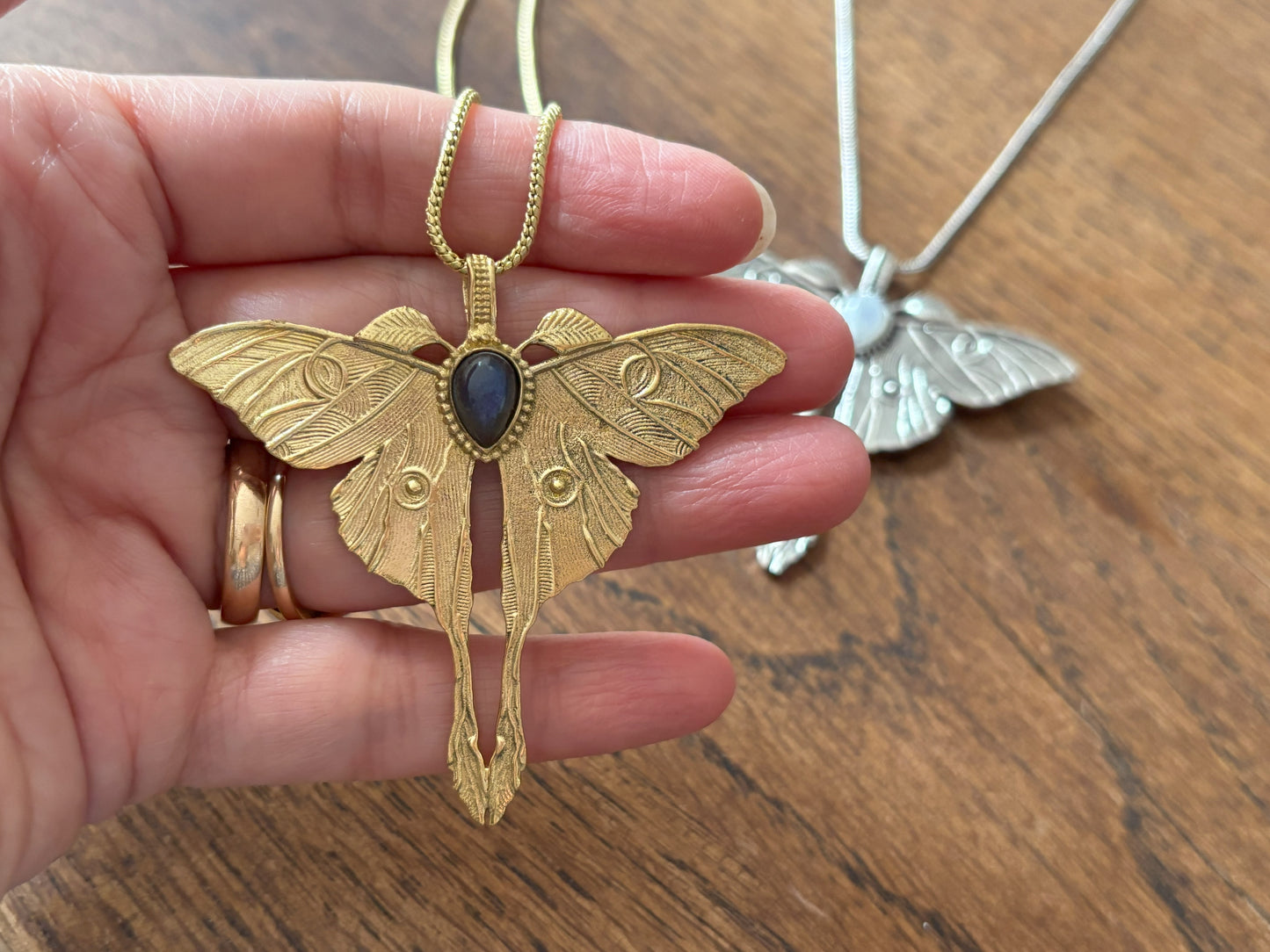 Gold/Sliver Luna Moth Necklace with Labradorite/Moonstone – Nature-Inspired Boho Statement Pendant.