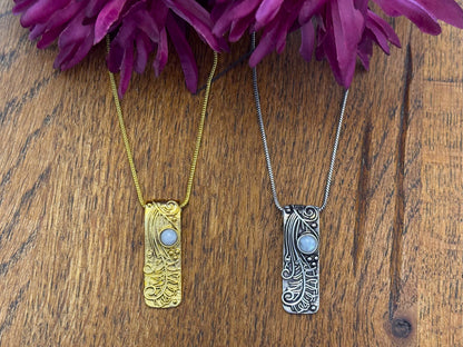 Gold/Silver Ornate Rectangle Gemstone Pendant Necklace.