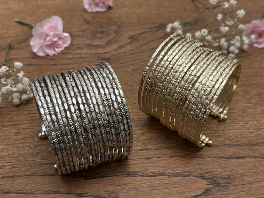 Hammered Gold/Sliver Finish Stack Cuff – Adjustable Brass Bangles Set.