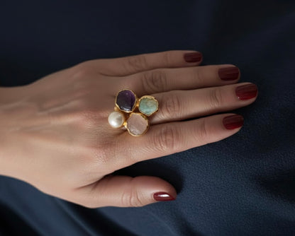 Bold Harmony Natural Stone Cluster Rings – Handcrafted  18k Gold-Plated Statement Ring