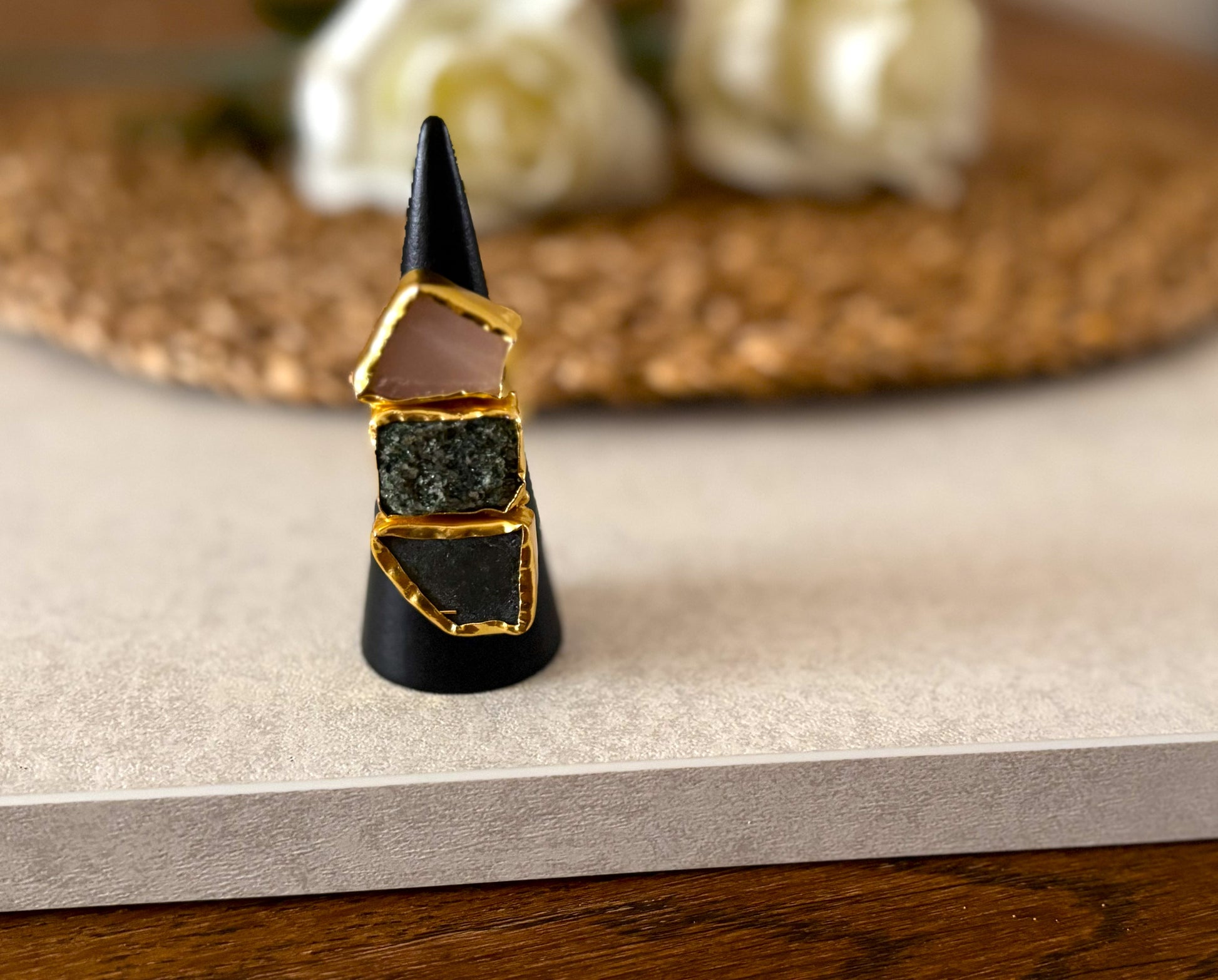 Earthbound Elegance Trio Stone Rings – Textured 18K Gold-Plated Brass Setting..