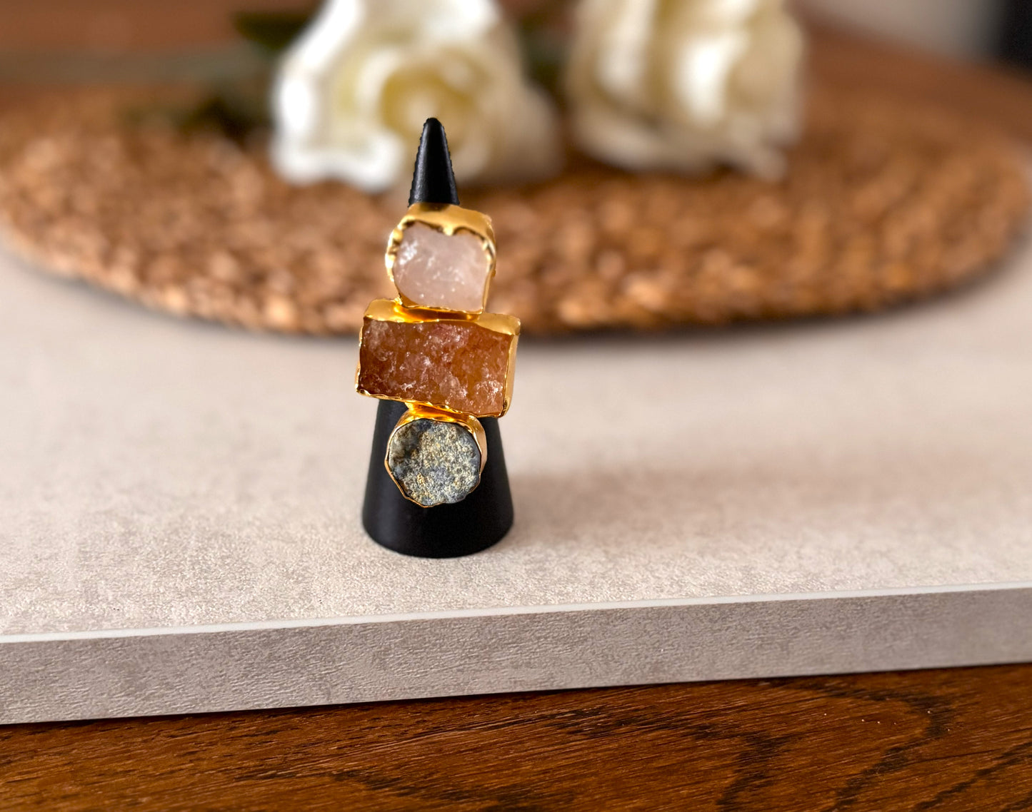 Earthbound Elegance Trio Stone Rings – Textured 18K Gold-Plated Brass Setting..