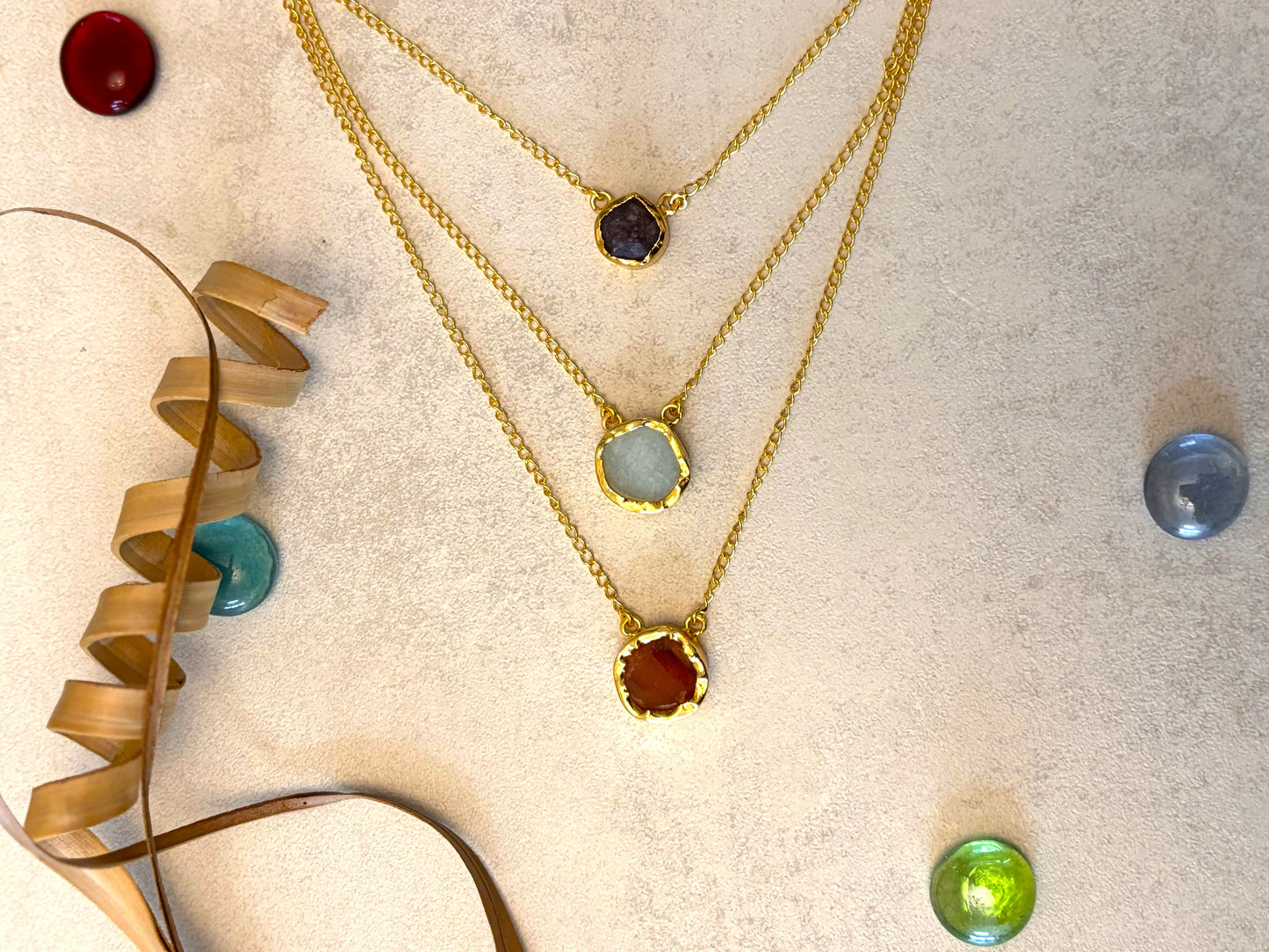 Handcrafted 18K gold-plated raw gemstone layered multi-stone necklace