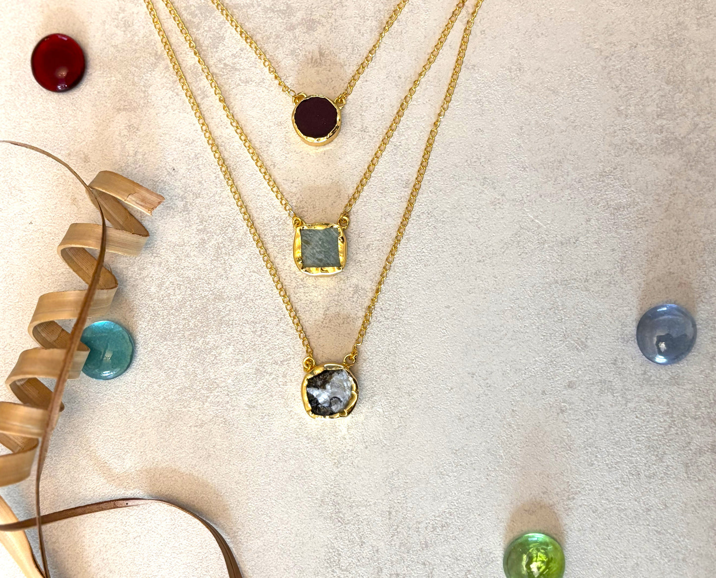 Handcrafted 18K gold-plated raw gemstone layered multi-stone necklace