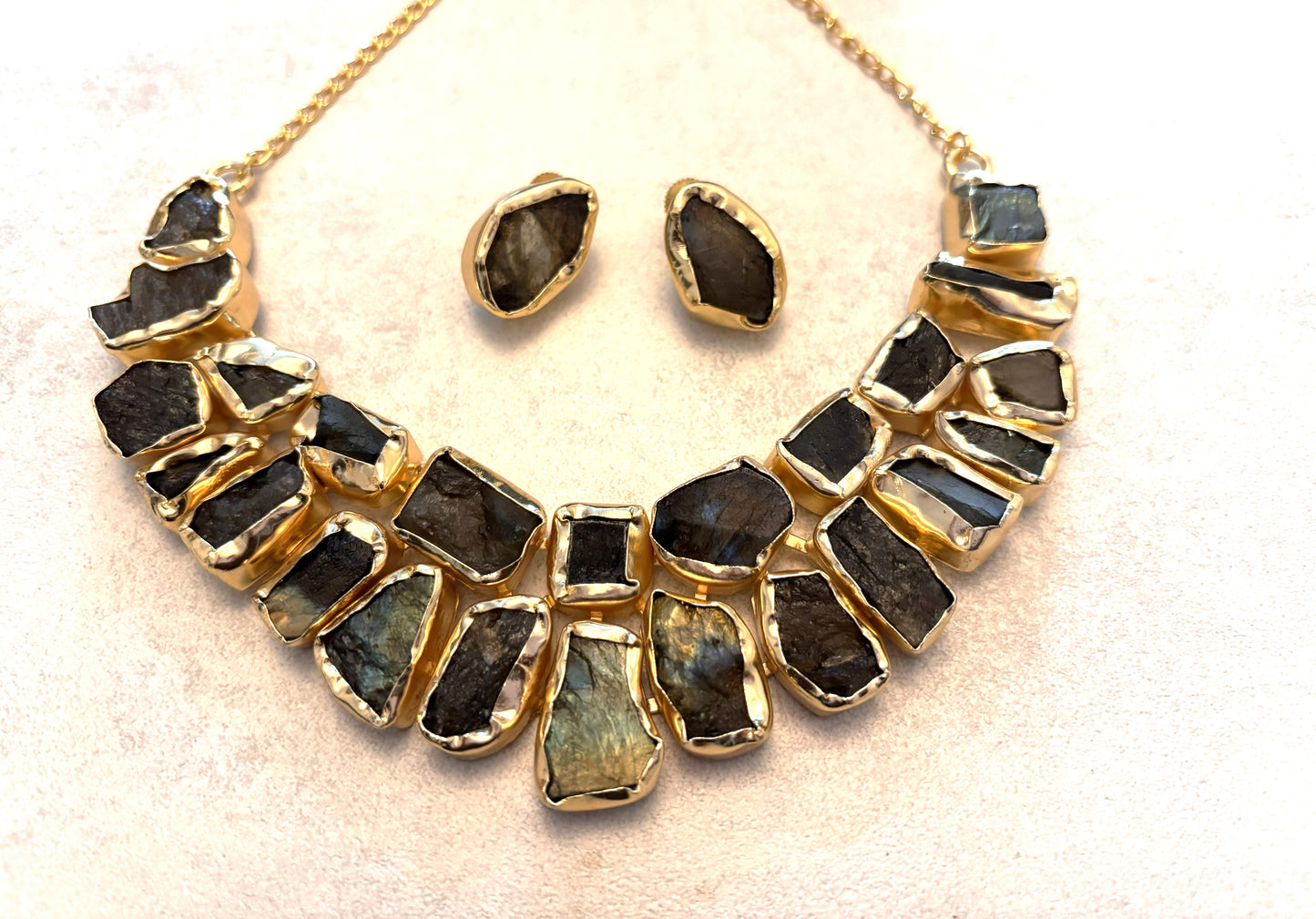 Raw Labradorite Necklace & Stud Earring Set – 18k Gold Plated.