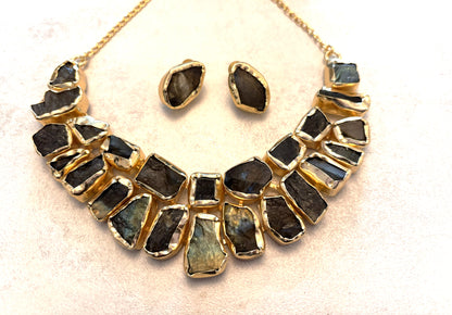 Raw Labradorite Necklace & Stud Earring Set – 18k Gold Plated.