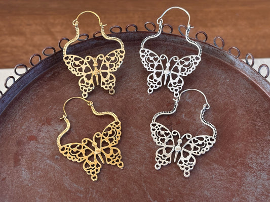 Butterfly Hoop Earrings – Filigree Design in Gold or Silver Finish.