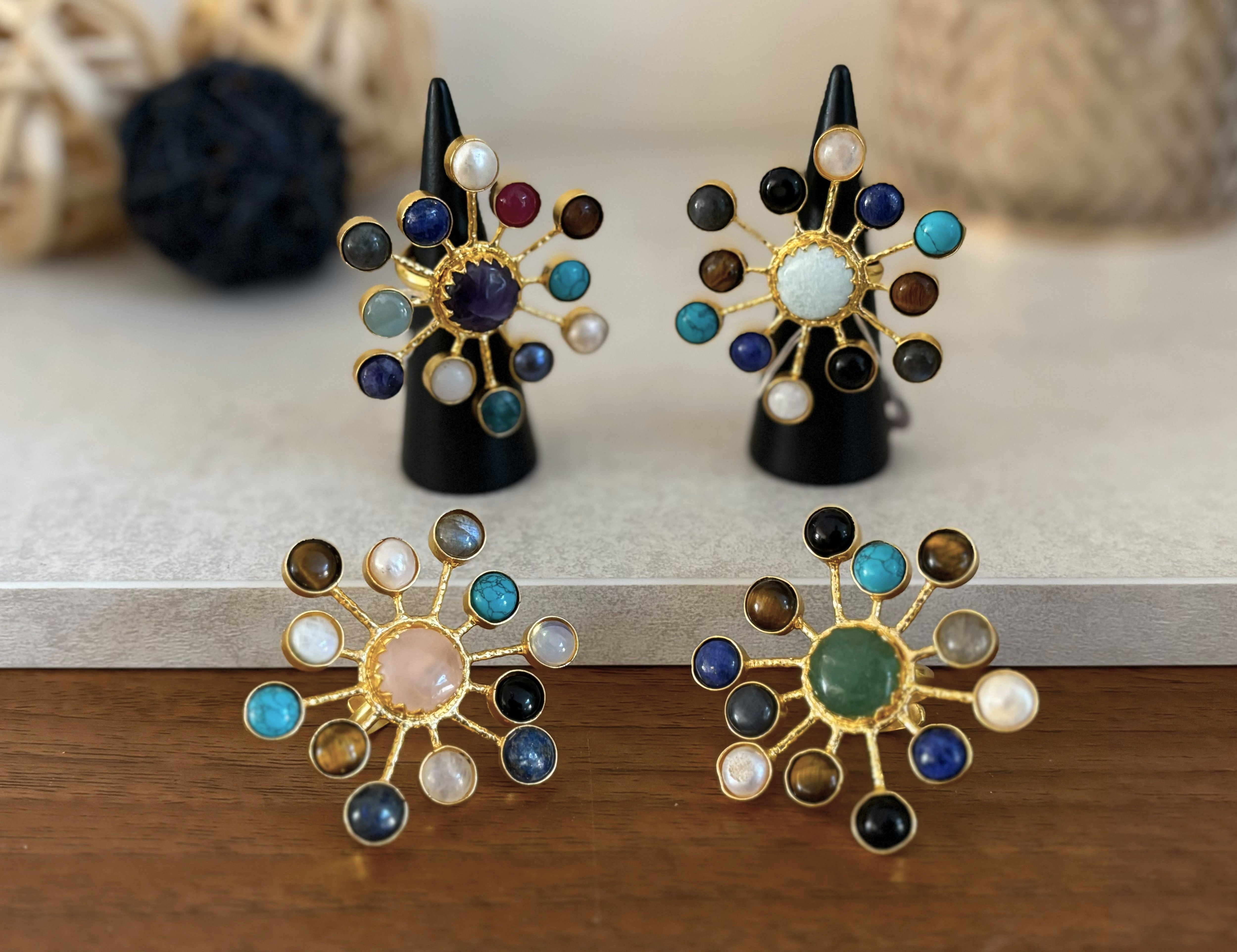 Multi-Stone Sunburst Adjustable Ring – Natural Gemstone Statement